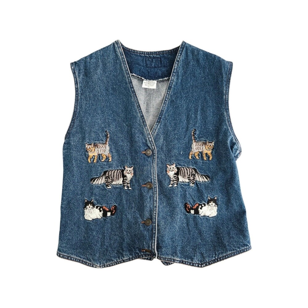 Vtg Casey Coleman Cat Embroidered Denim Vest Button-Up Laced Back Size M/L